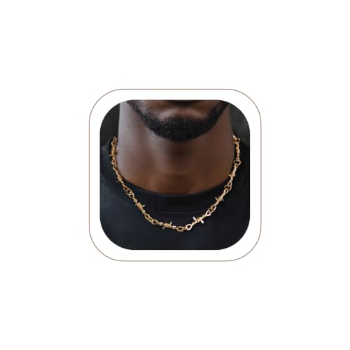 ChainsHouse Barbed Wire Necklace Punk Thorns Chain Necklace for Men Women, 5/6/7/9/12MM Wide Stainless Steel/Black Metal/Gold Plated Hiphop Rock Jewelry, 18-22 Inches - color: c.6mm-Gold Plated-Barbed Wire Chain, size: 22 Inches(men's average length)