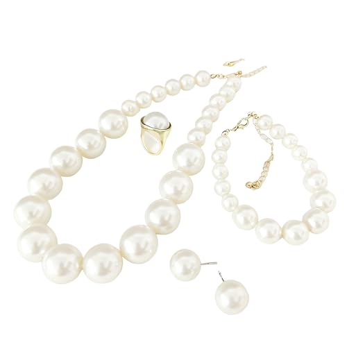 xuzhiyuan Statement Pearl Jewelry Set for Women - Includes Necklace, Bracelet, Earrings, and Ring | Colorful Faux Pearl Fashion Jewelry Set for Party, Wedding, Daily Wear - color: White