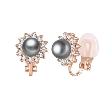 Pearl Clip On Earrings for Women, Austrian Crystal Halo | 14K Gold-Plated Finish, Comfortable Clip-On Fit, Non-Pierced Earrings, Soft Silicone Pads Included, Gift Box Included - color: Black Pearl /Gold-Tone