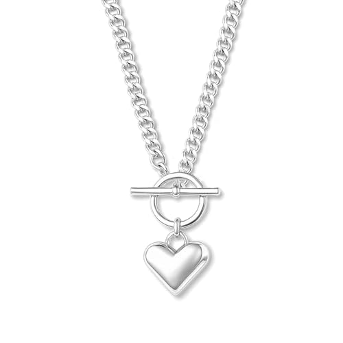 Zeffy 14K Gold/Silver Plated Chunky Thick Chain Toggle Clasp Necklace Dainty Baroque Pearl/Heart/Cross/Turquoise Pendant Necklace - color: Silver Small Heart Necklace
