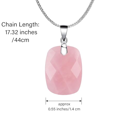 iSTONE 925 Sterling Silver Natural Crytral for Womens Pendant Necklace, Gemstone Birthstone with 17.8" Silver Chain Ladies - color: Rectangle - Rose Quartz