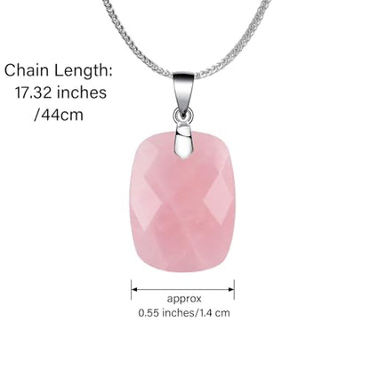 iSTONE 925 Sterling Silver Natural Crytral for Womens Pendant Necklace, Gemstone Birthstone with 17.8" Silver Chain Ladies - color: Rectangle - Rose Quartz