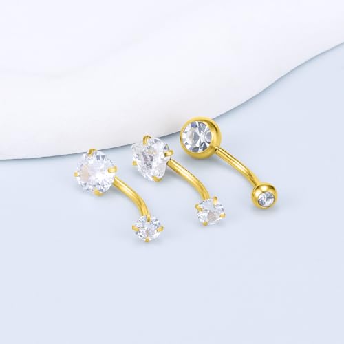 Vsnnsns 14G Dangle Belly Button Ring Piercing Jewelry 316L Stainless Surgical Steel Round Heart Cubic Zirconia Navel Rings Dangling Belly Button Ring Piercing Jewelry for Women 14 Gauge Hypoallergenic - color: Gold-14MM Bar-Clear CZ