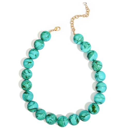 Chunky Beaded Choker Necklace for Women Boho Statement Necklace with Large Pearl Blue Brown Tone Resin Beads Summer Beach Jewelry Gifts - color: Turquoise