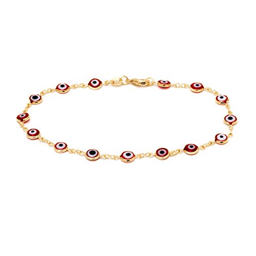 Barzel 18k Gold Plated Evil Eye Anklet Bracelet - Made In Brazil - color: Red