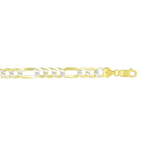 14K Gold or Rhodium Plated Silver Figaro Diamond Cut Pave Chain For Men | 1mm-13mm Thick | Solid 925 Figaro Italian Necklaces For Men - style: 7.50MM- Yellow & White