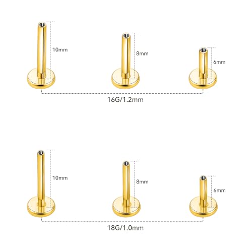 limerencia 16G/18G Hypoallergenic Internal Threaded Titanium Bar Post Replacement,Flat Back Stud Earrings Post Medusa Helix Couch Labret Bar for Women Men Sensitive Ears(A Pair) - color: gold tone, size: 16G-6mm