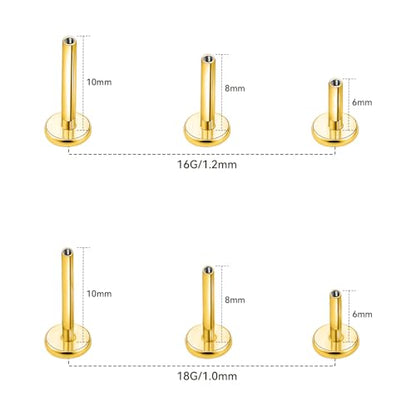 limerencia 16G/18G Hypoallergenic Internal Threaded Titanium Bar Post Replacement,Flat Back Stud Earrings Post Medusa Helix Couch Labret Bar for Women Men Sensitive Ears(A Pair) - color: gold tone, size: 16G-6mm