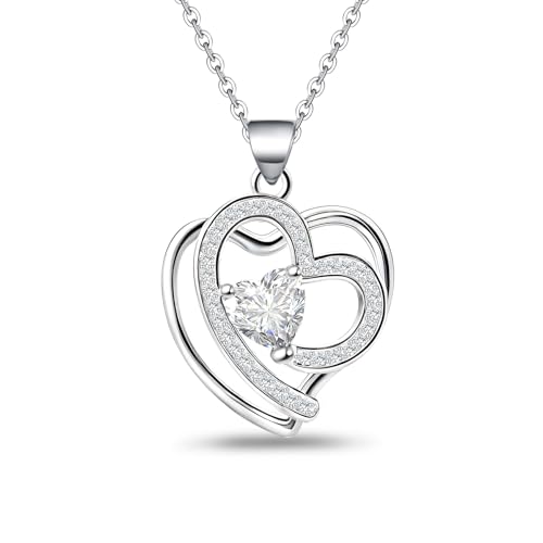 Sterling Silver Pendant Necklace for Women - Adjustable Double Heart Necklace Hypoallergenic Cubic Zirconia Love Heart-Shaped Charm Necklaces Classic Elegant Jewelry Gifts for Her Mom Wife,19inch