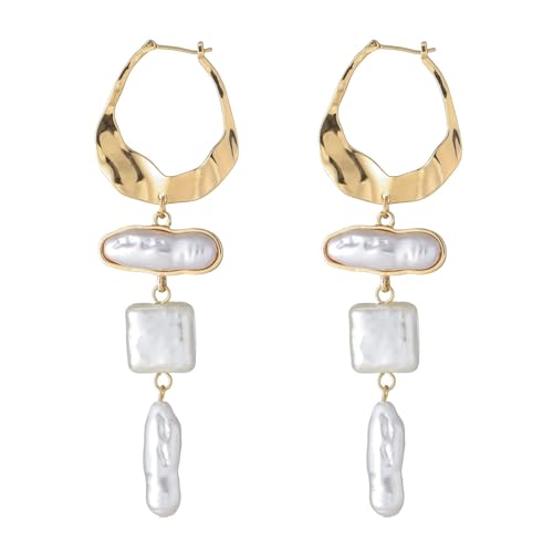 Statement Pearl Dangle Earrings,Gold and Large Pearl,Luxury Chandelier Organic Style Earrings - color: B gold and white
