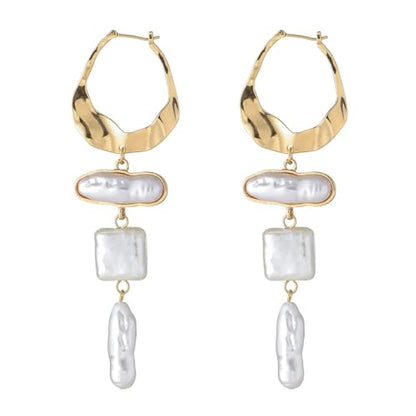 Statement Pearl Dangle Earrings,Gold and Large Pearl,Luxury Chandelier Organic Style Earrings - color: B gold and white