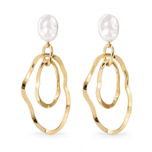 Gold Irregular Oval Drop Earrings for Women with Faux Pearl Studs, Lightweight Geometric Statement Dangle Earrings for Daily Wear Party Wedding Gift