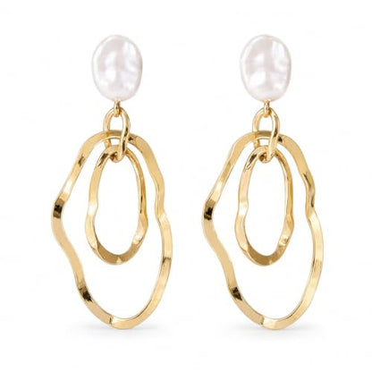 Gold Irregular Oval Drop Earrings for Women with Faux Pearl Studs, Lightweight Geometric Statement Dangle Earrings for Daily Wear Party Wedding Gift