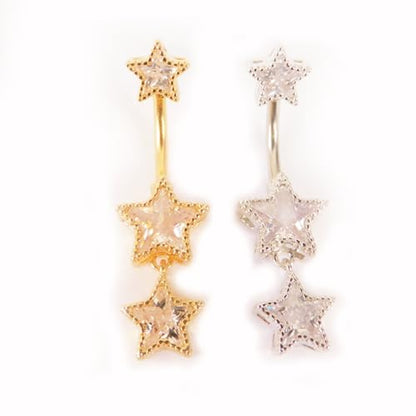 3Pcs 14G Stainless Steel Dangle Belly Button Rings Cubic Zirconia Heart Star Round Belly Navel Barbell Rings Belly Piercing Jewelry for Women - style: Gold Star