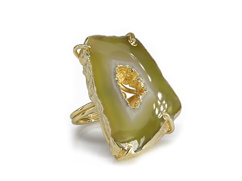 Ring Geode Druzy Slice Unique And Stylish Statement Gold Plated Jewelry Natural Gemstone Stone size 25-35 mm Approximately Adjustable Shank US Scale Size 6-9 - color: Yellow