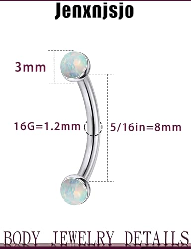 Jenxnjsjo F136 Titanium 16g 6/8/10mm Opal Eyebrow/Rook/Snug/Vertical-Labret/VCH/Snake-Eyes/Anti-Tragus/Christina/Daith/Belly-Button/Bridge/Hood/Surface Curved Barbell Piercing Jewelry for Women Men - color: White Opal, size: 8mm