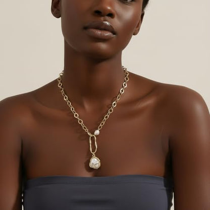 Chunky Pearl Necklaces for Women Chunky Baroque Pearl Beaded Gold Chain Link Pearls Pendant Necklace White Pearls Necklace Valentine's Day Jewelry Gifts Party Prom Birthday Outfits Accessorie - style: Gold Chain,Two Pearls