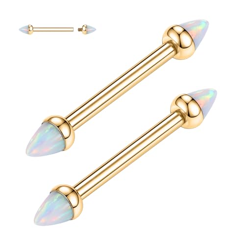 GAGABODY G23 Titanium Pair 14G Nipple Rings Tongue Jewelry Bridge Piercing | Internal Threaded Used in Nipple,Tongue,Bridge 14G Length from 12mm to 18mm Lightweight Daily Wear for Unisex Sensitive Skin - color: Gold+Bullet White Opal, size: 14G+9/16"(14mm