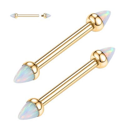 GAGABODY G23 Titanium Pair 14G Nipple Rings Tongue Jewelry Bridge Piercing | Internal Threaded Used in Nipple,Tongue,Bridge 14G Length from 12mm to 18mm Lightweight Daily Wear for Unisex Sensitive Skin - color: Gold+Bullet White Opal, size: 14G+9/16"(14mm
