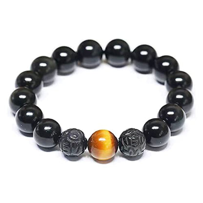 Black Obsidian Bracelet,Feng Shui Black Obsidian Wealth Bracelet for Women Men Couples Handmade Stretch Obsidian Bracelet Bangle with Carved Pixiu Tiger Eye Stone Attract Wealth Money and Good Luck - color: E,10mm,Yellow Tiger Eye