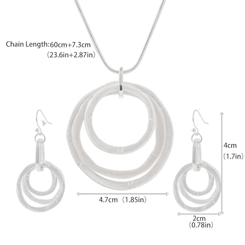 3 Circles Silver Hoop Earrings Necklace Set for Women Geometric Jewelry Set | 925 Silver Hypoallergenic Small Hoop Circle Geometry Textured Finish Minimalist Style Comfortable Wear - style: Silver Hammered Hoop