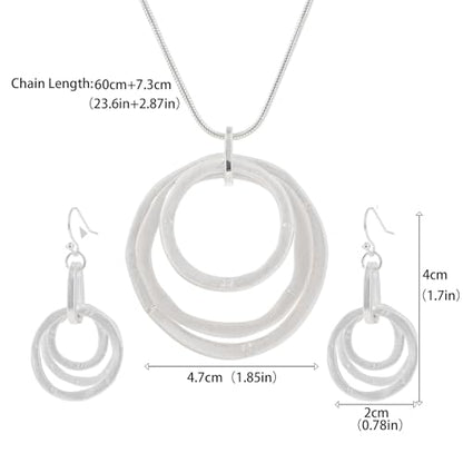 3 Circles Silver Hoop Earrings Necklace Set for Women Geometric Jewelry Set | 925 Silver Hypoallergenic Small Hoop Circle Geometry Textured Finish Minimalist Style Comfortable Wear - style: Silver Hammered Hoop