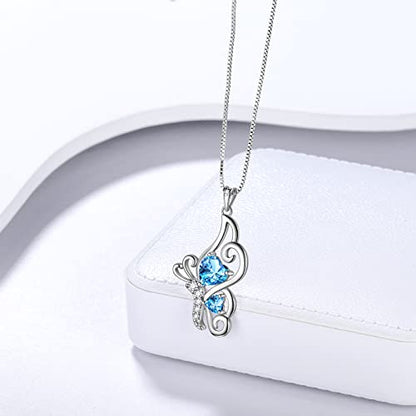 Butterfly Heart Necklace Birthstone Pendant Necklace Earrings Bracelet Women 925 Sterling Silver Animal Butterflies Birthstone Pendant Crystal Birthday Jewelry Wedding Gift - color: C.March-necklace