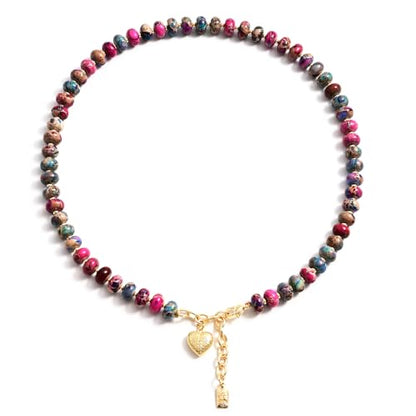 Boho Gemstone Beaded Necklace for Women – Colorful Natural Stone Choker 18K Solid Heart-Shaped Pendant, Summer Beach Jewelry - color: Imperial Jasper
