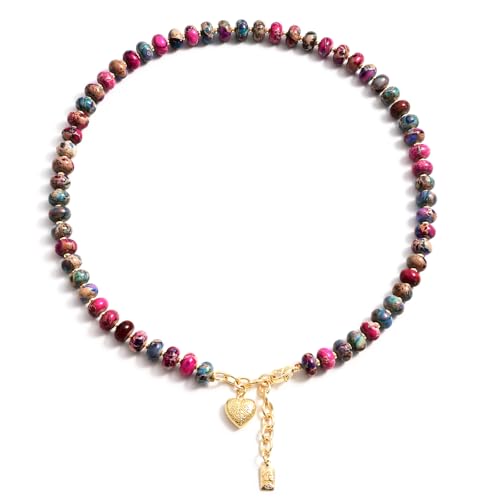 Boho Gemstone Beaded Necklace for Women – Colorful Natural Stone Choker 18K Solid Heart-Shaped Pendant, Summer Beach Jewelry - color: Imperial Jasper