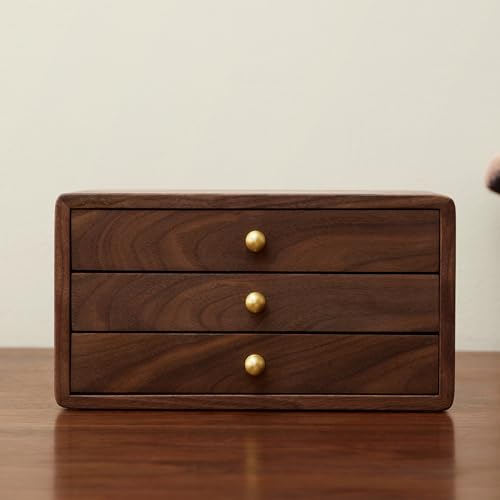 Wooden Jewelry Box, Large, Black Walnut Wood | For Women & Men, Velvet Lined Organizer, 3 Drawers, Brass Handles, Earring Ring Necklace Storage - size: 3 drawers