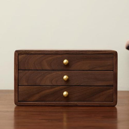 Wooden Jewelry Box, Large, Black Walnut Wood | For Women & Men, Velvet Lined Organizer, 3 Drawers, Brass Handles, Earring Ring Necklace Storage - size: 3 drawers
