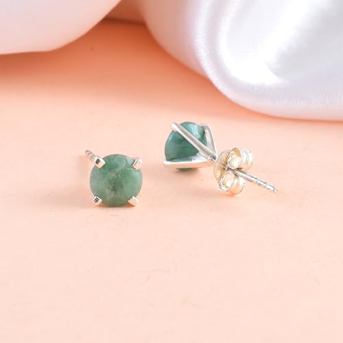 5 MM Natural Gemstone 925 Sterling Silver Hypoallergenic Studs Earrings Jewelry for Women Dainty Trendy Antiqued Silver Birthstone Earrings Jewelry Gifts for Women and Her - color: 6MM Emerlad