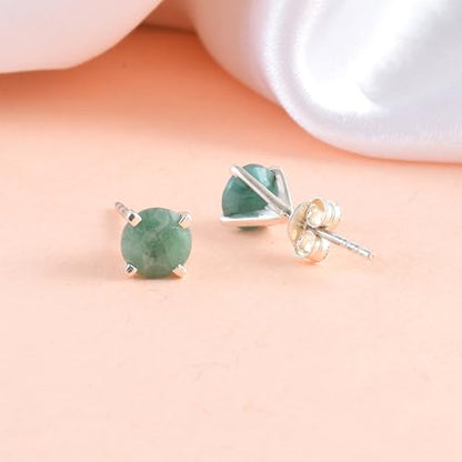 5 MM Natural Gemstone 925 Sterling Silver Hypoallergenic Studs Earrings Jewelry for Women Dainty Trendy Antiqued Silver Birthstone Earrings Jewelry Gifts for Women and Her - color: 6MM Emerlad