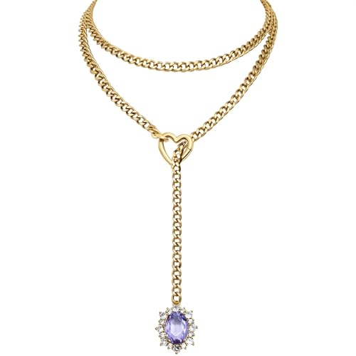 Women's Heart O-Ring Slip Chain Necklace, Double Layered Adjustable 39'' Cuban Chain with Detachable Heart Clasp and Colorful Rhinestone Pendant - color: 39'' Gold-Amethyst Purple