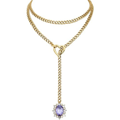 Women's Heart O-Ring Slip Chain Necklace, Double Layered Adjustable 39'' Cuban Chain with Detachable Heart Clasp and Colorful Rhinestone Pendant - color: 39'' Gold-Amethyst Purple