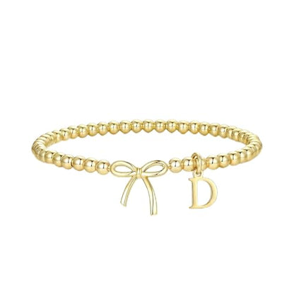 Letter A-Z Bracelets for Women Teen - Inital Beaded Bracelet with Bowknot Charm, Dainty Stretch Stackable Bracelet, Trendy Jewelry Gifts for Birthday Easter Basket Stuffers - style: Gold: C