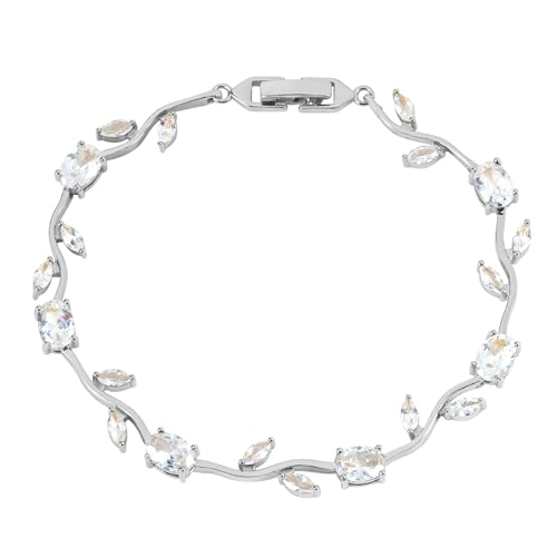 Tulip Flower Bracelet for Women 14K Gold Plated Stainless Steel with Colorful Cubic Zircon Dainty Cute Pink Rose Floral Jewelry Gift for Her Crystal Flower Leaf Bracelets -7.5inch/190mm - color: White White Gold