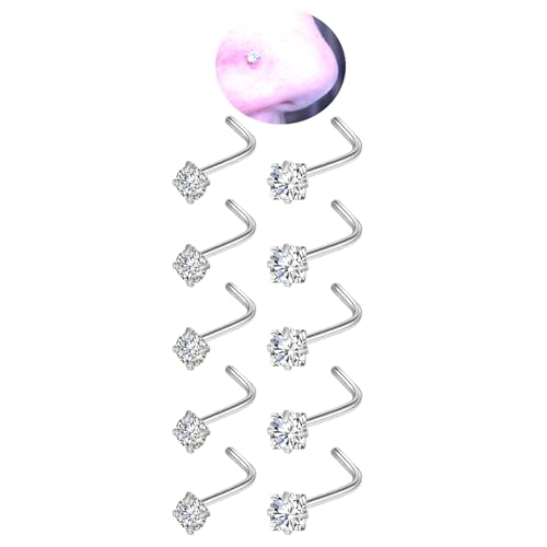 20G Nose Rings Studs for Women Corkscrew Sliver Nose Studs Hypoallergenic Nose Rings 316L Stainless Steel Nose Nostril Percing Jewely for Women Men Round Square CZ Imitation Diamond 1.5mm/2.0mm/2.5mm/3.0mm - style: 20G-L-Shape-sliver-3.0mm