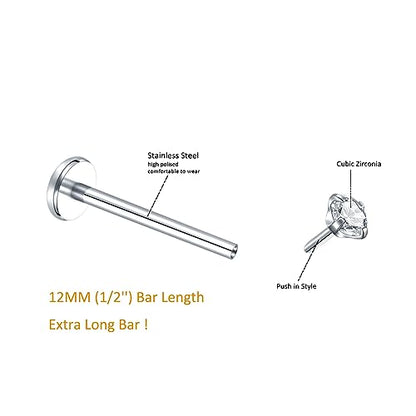 Oveta Threadless Push in Lip Rings 16G/18G/20G Labret Jewelry CZ Lip Studs Stainless Steel Cartilage Earrings for Women Monroe Medusa Piercing Jewelry 6/7/8/10/12mm Bar Length - color: Silver, size: 18G*12mm bar*1.5/2/2.5/3mm cz