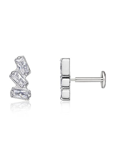 limerencia G23 Hypoallergenic 18g Flat Back Stud Earrings | F136 Implant Grade Titanium Pressfit Threadless Push Pop in Cartilage Helix Labret Lip Monroe Tragus Flat Back Piercing Studs - color: Triple Baguette Gem Silver