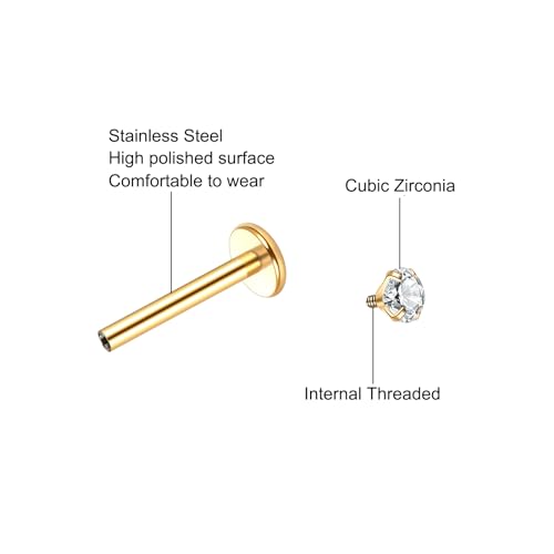 Xpircn Flat Back Stud Earrings 14K Gold Plated Internally Threaded CZ Stud Piercing Jewelry for Tragus Helix Cartilage Conch Nose Hypoallergenic Lip Labret Medusa Piercing 16G 18G - color: 16 Gauge, Gold, size: 10mm Bar