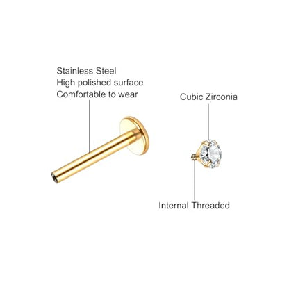 Xpircn Flat Back Stud Earrings 14K Gold Plated Internally Threaded CZ Stud Piercing Jewelry for Tragus Helix Cartilage Conch Nose Hypoallergenic Lip Labret Medusa Piercing 16G 18G - color: 16 Gauge, Gold, size: 10mm Bar