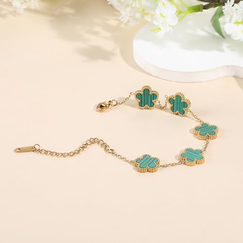 TICVSS Four Leaf Clover Bracelet for Women 18K Gold Plated Stainless Steel Lucky 4 Leaf Gold Link Bracelet Jewelry Gift for Women - color: Green