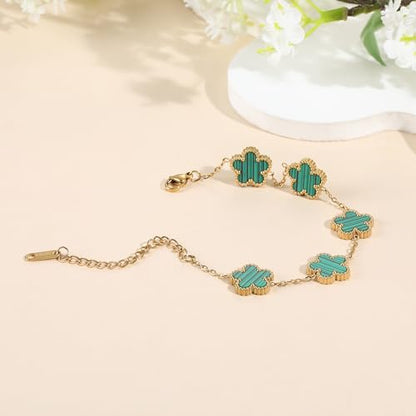 TICVSS Four Leaf Clover Bracelet for Women 18K Gold Plated Stainless Steel Lucky 4 Leaf Gold Link Bracelet Jewelry Gift for Women - color: Green