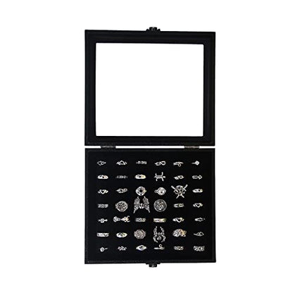 Pangkeep Ring Organizer Display Case,Black Jewelry Storage Tray Boxes for Multiple Rings,Glass Lid,Stackable. (42 Slots) - size: 42 Slots