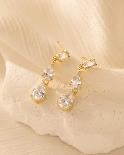 Dangle Earrings for Women - 14K Gold/White Gold/Rose Gold Plated Butterfly Heart Star Hoop Chain Long Tassel Cubic Zirconia CZ Dangle Earrings - color: gold teardrop