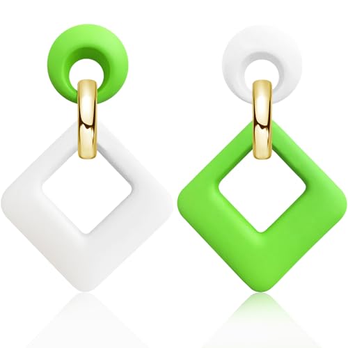 70s 80s Vintage Resin Neon Square Dangle Drop Earrings Simplicity Acrylic Hollow Round Circle Geometry Stud Earrings for Women - style: White Green