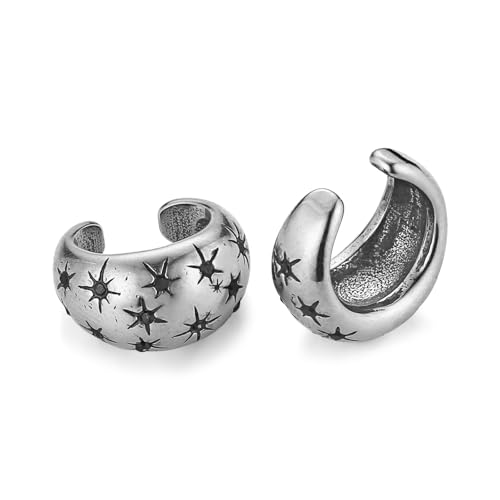 HZMAN Stainless Steel Eight-Point Star Ear Cuff, No Piercing Required Clip On Earring, 1.49cm/0.58in Gothic Geometric Jewelry, Non-Adjustable Ear Climber for Women & Men - color: Black