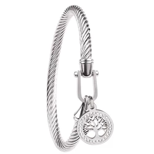 Gold Tree of Life Bangle Bracelet for Women, 18K Gold Plated Stainless Steel Double Layer Spring-Open Bangle, Meaningful Dainty Jewelry Gift - color: SLIVER-2