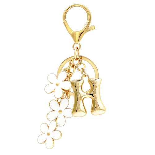 Floral Series Initial Bag Charm, Cute Flower & Bubble Letter Purse Charms, Keychain Accessories Gift for Women - color: White Flower, style: H